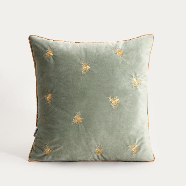 Homla, Camilla, poszewka, welurowa pistacjowa z haftowanymi pszczołami, 45-45 cm