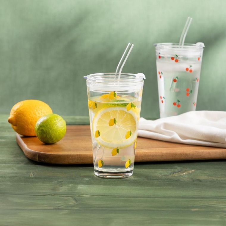 Homla, Embo Summer, szklanka ze słomką w cytrynki, 0,4l, 745904