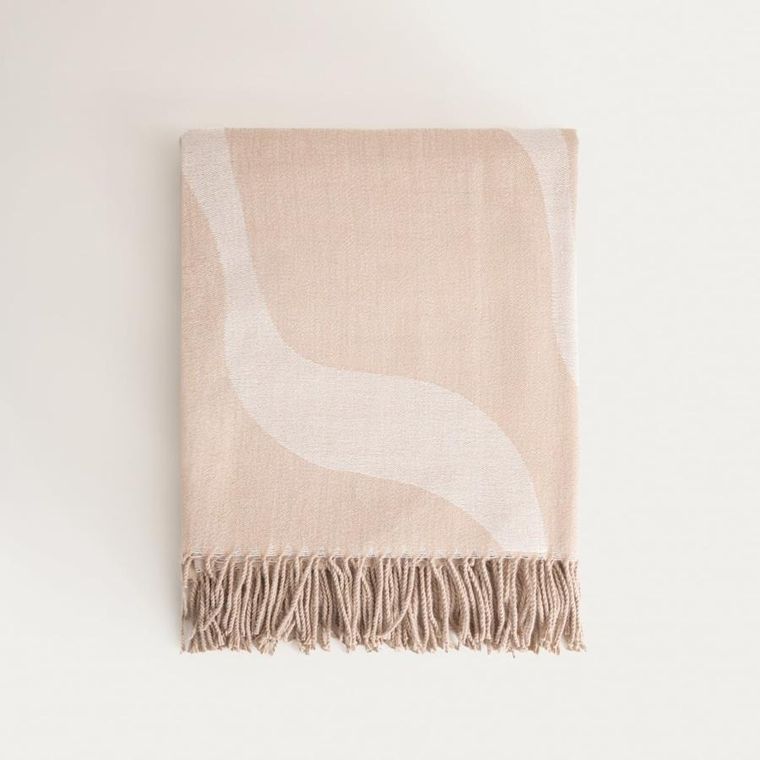 Homla, Kalor, koc, beżowy żakardowy we wzór z frędzlami, 135-200 cm