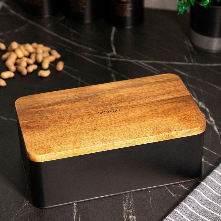 Homla, Lomas, chlebak, czarny z akacjową pokrywką, 33-18-13 cm