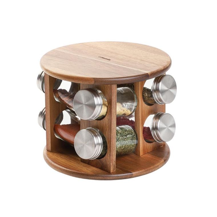 Homla, Mooka, zestaw przyprawników na akacjowym stojaku 8 słoiczków, 15-19 cm