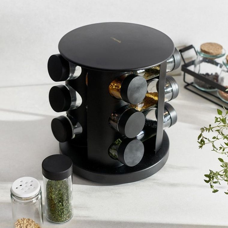Homla, Otto, Stojak z przyprawnikami obrotowy czarny - 12 słoiczków 19-21 cm