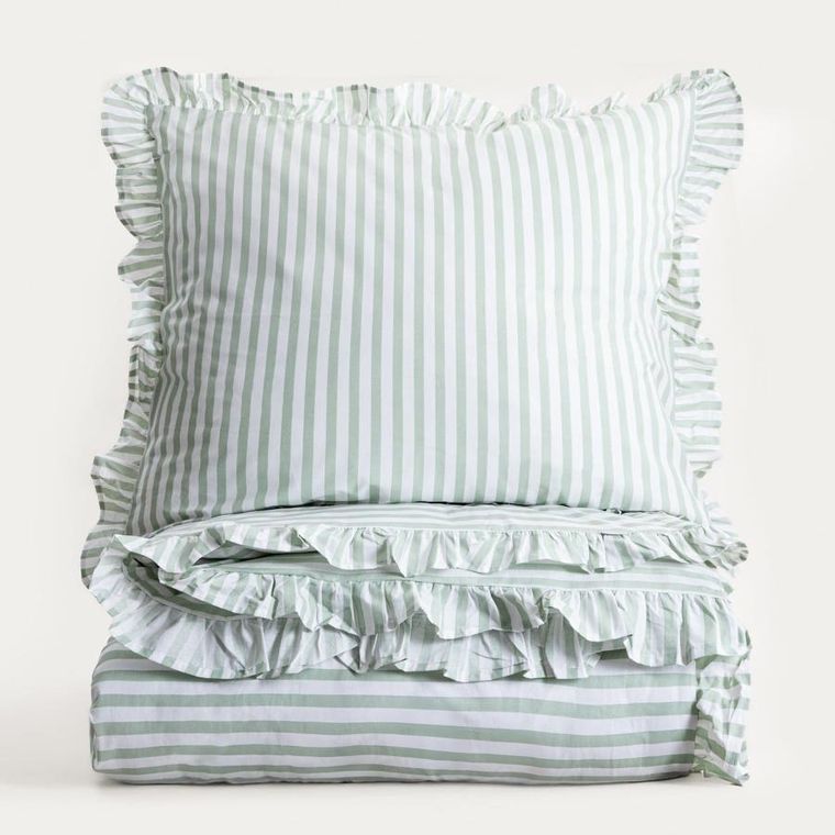 Homla, Trudy, pościel, bawełniana w pistacjowe paski z falbanką, 140-200 cm