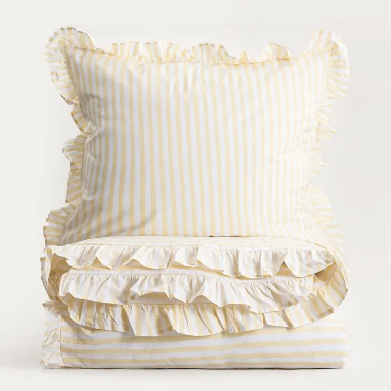Homla, Trudy, pościel, bawełniana w żółte paski z falbanką, 140-200 cm