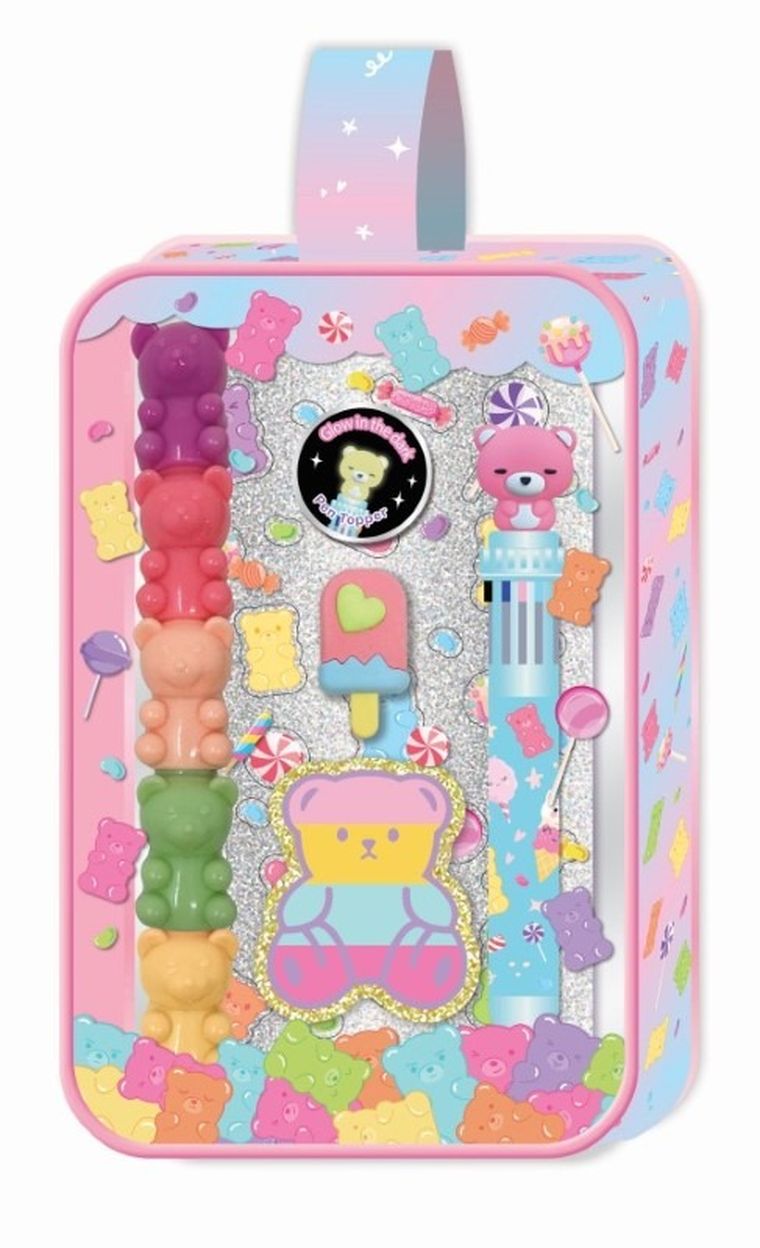 Hot Focus, długopis i zakreślacze w kosmetyczce, miś