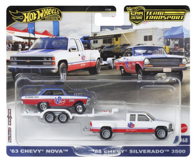 Hot Wheels, 50. rocznica, '63 Chevy Nova & '88 Chevy Silverado 3500, pojazdy transportowe Premium, skala 1:64, HRV42