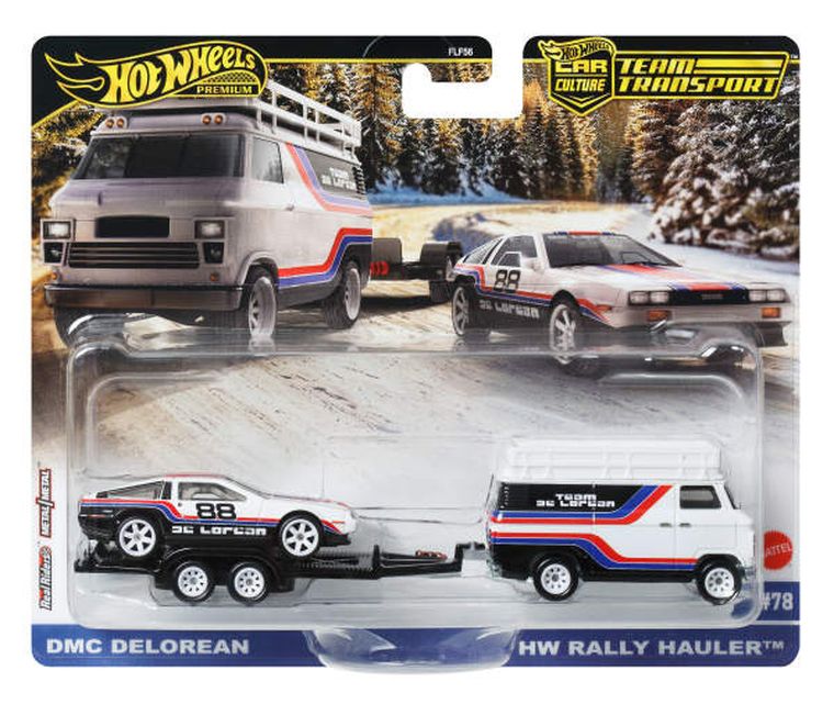 Hot Wheels, 50. rocznica, DMC Delorean & HW Rally Hauler, pojazd transportowy Premium, 1:64, JBM35