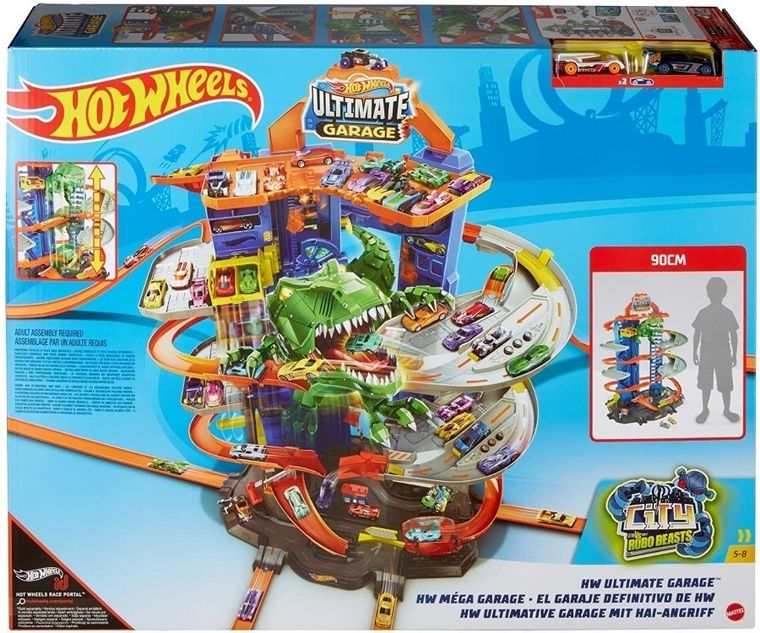 Hot Wheels City, Mega Garaż T-Rexa, zestaw torów i auta