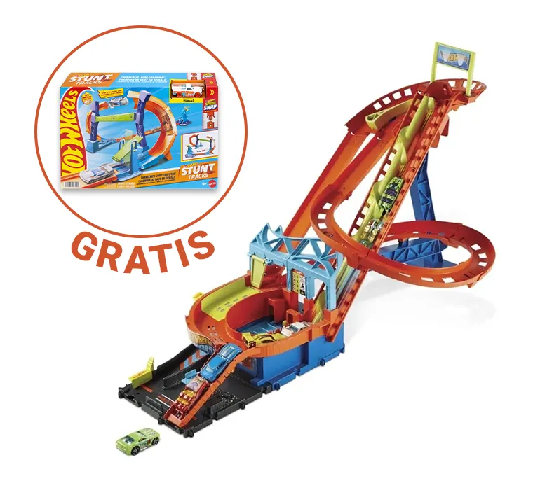 Hot Wheels City, Rajdowy Rollercoaster i 5 autek, zestaw z napędem + Mistrzowski skok na pętli GRATIS, zestaw promocyjny