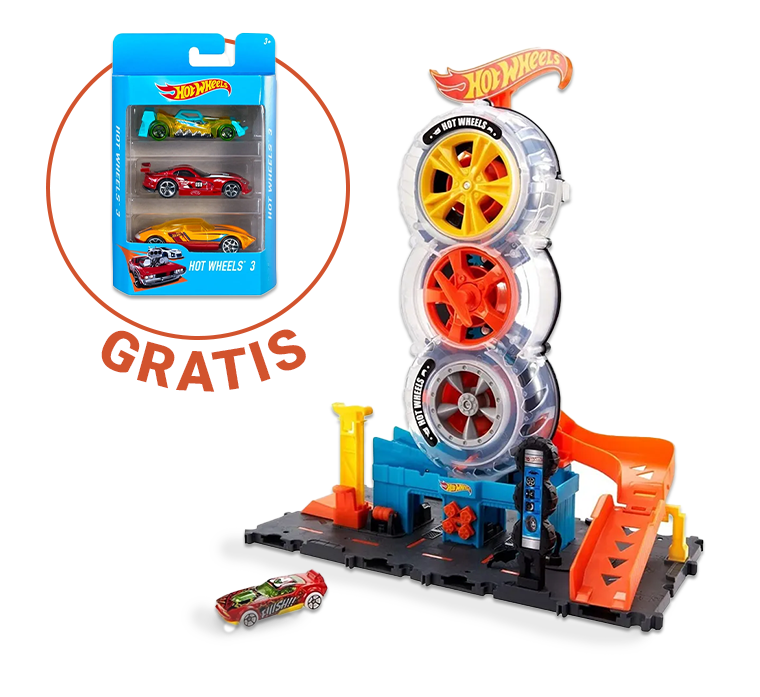 Hot Wheels City, Wyścigowy Warsztat Opon + 3 autka Hot Wheels GRATIS, zestaw promocyjny