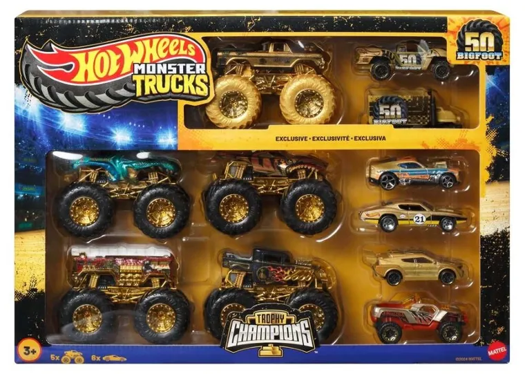 Hot Wheels, Monster Trucks, Bigfoot 50 rocznica, Monster Trucki i samochodziki, zestaw aut