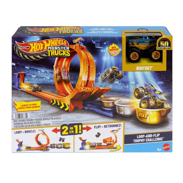 Hot Wheels, Monster Trucks, Bigfoot 50 rocznica, Pętla Skok po trofeum, zestaw do zabawy z autem