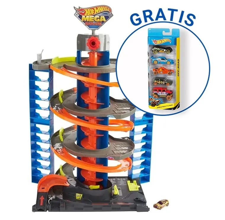 Hot Wheels, Zakręcony Mega Garaż + zestaw 5 autek gratis, zestaw promocyjny