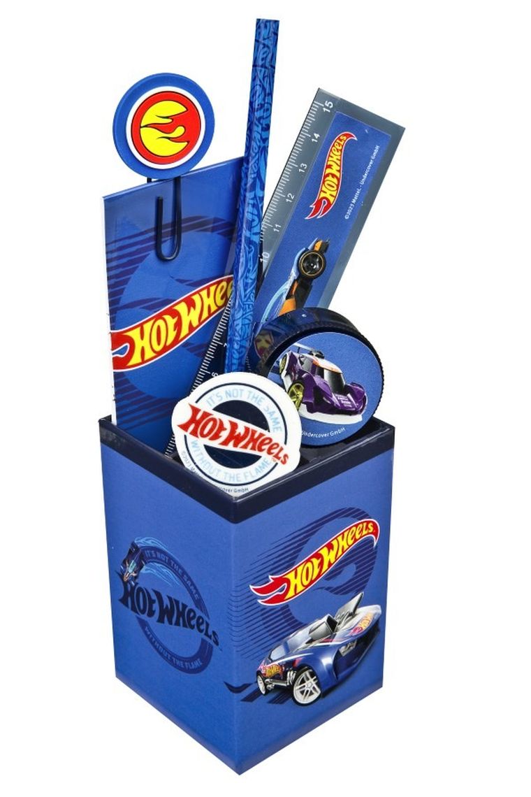 Hot Wheels, zestaw artykułów szkolnych z przybornikiem, 6 elementów