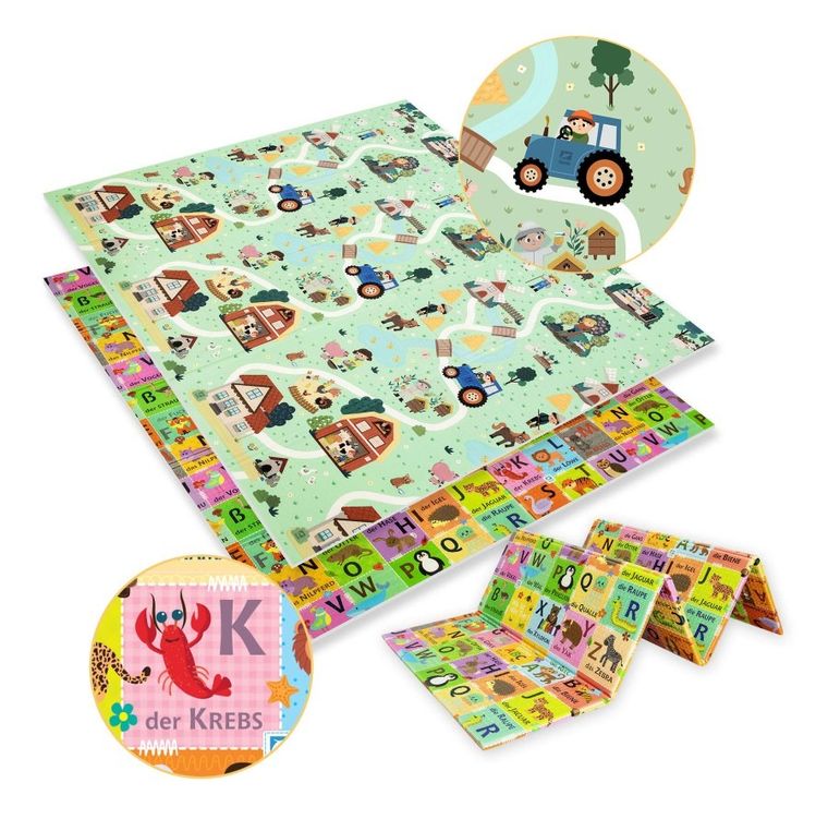 Humbi, dwustronna mata edukacyjna z pianki XPE, alfabet niemiecki i wieś, 180-200 cm