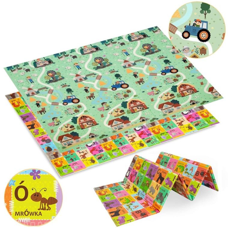 Humbi, dwustronna mata edukacyjna z pianki XPE, alfabet polski i wieś, 180-200 cm