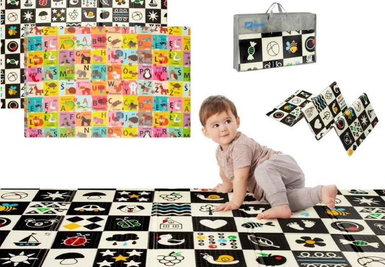 Humbi, dwustronna mata edukacyjna z pianki XPE, polski alfabet, kontrastowe obrazki, 120-180 cm