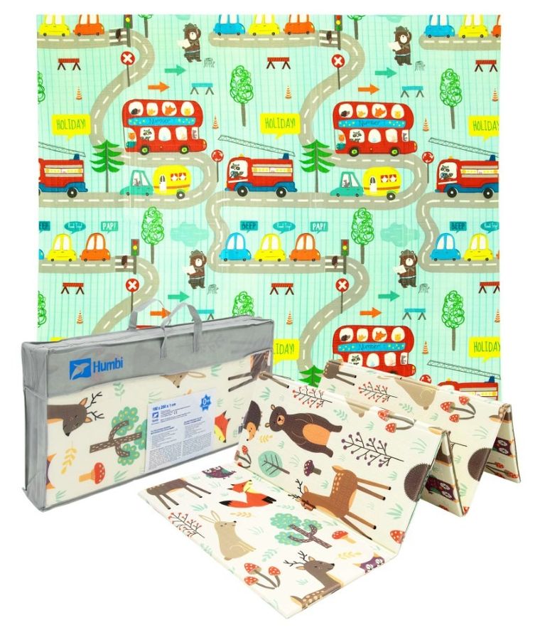 Humbi, dwustronna składana mata edukacyjna z pianki, las uliczki, 200-180-1 cm