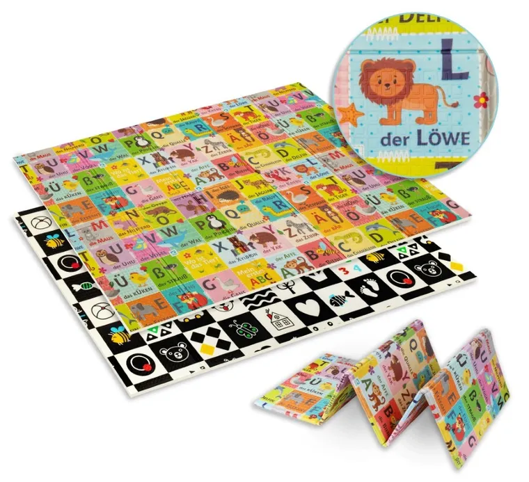 Humbi, mata edukacyjna 2w1 z pianki XPE, alfabet: wersja niemiecka, 120-180 cm