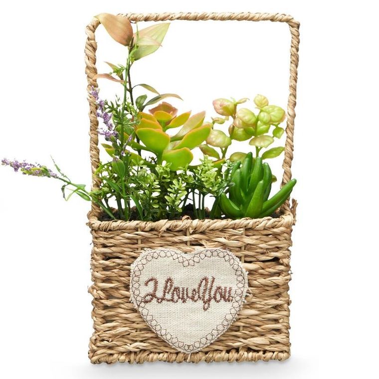 Ibergarden, sztuczne sukulenty w plecionym koszyku, love, 12-21 cm