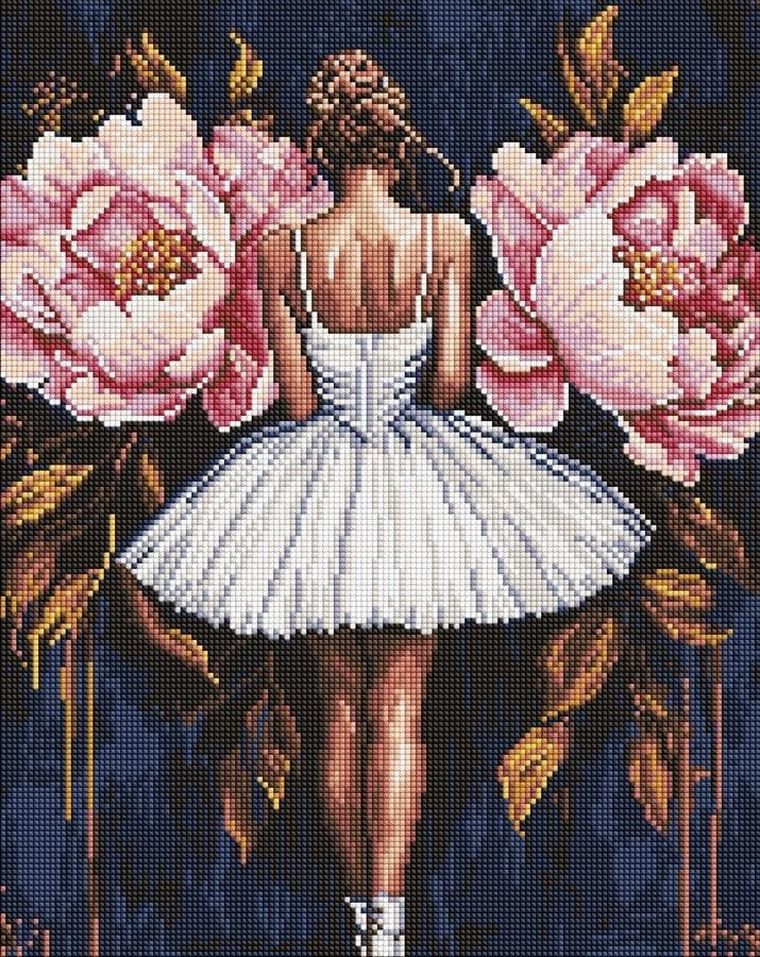 Ideyka, diamentowa mozaika, Baletnica z piwoniami, 40-50 cm