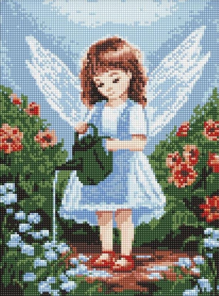 Ideyka, diamentowa mozaika bez ramy, Anioł w ogrodzie, 30-40 cm