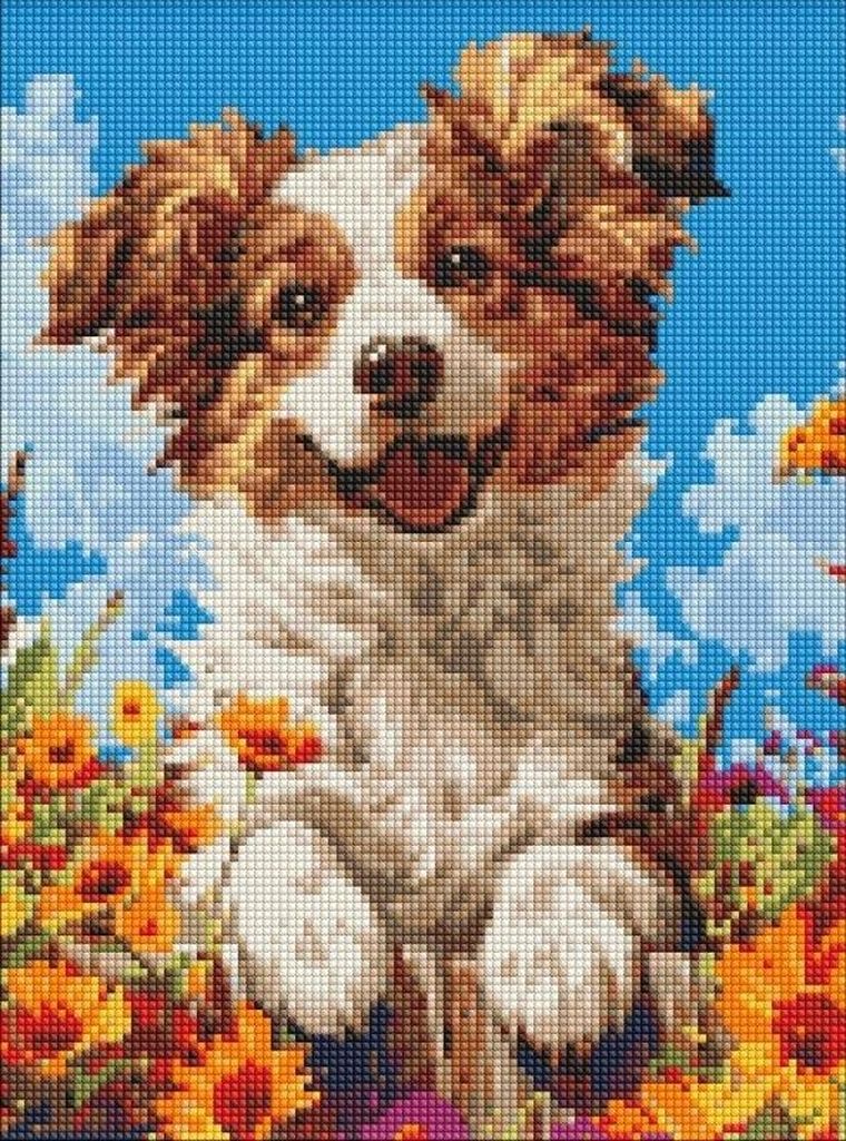 Ideyka, diamentowa mozaika bez ramy, Pies w kwiatach, 30-40 cm