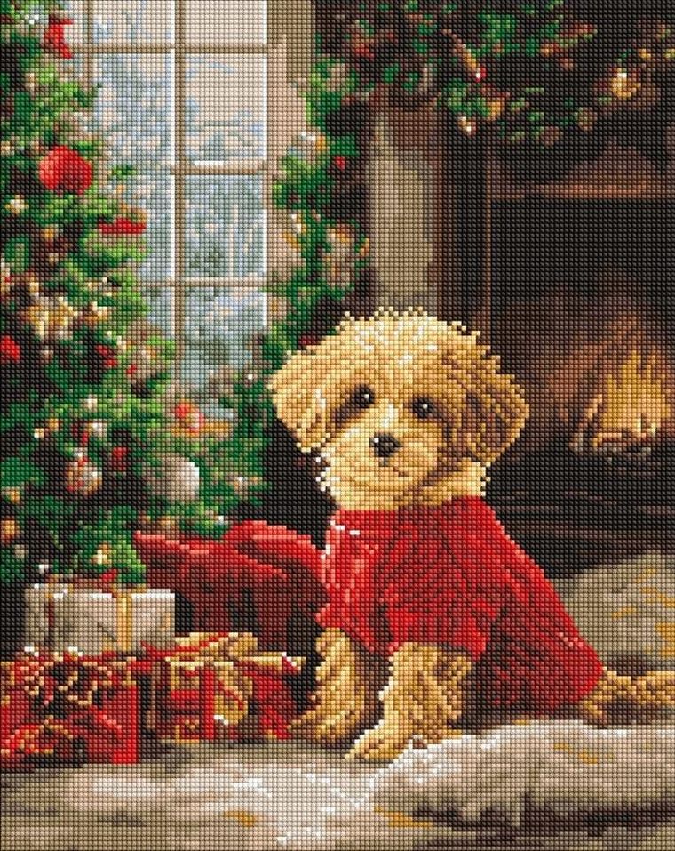 Ideyka, diamentowa mozaika, Pudel przy choince, 40-50 cm