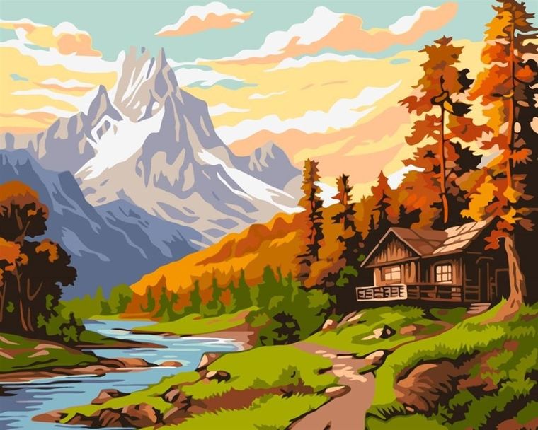 Ideyka, malowanie po numerach, Domek w środku gór, 40-50 cm