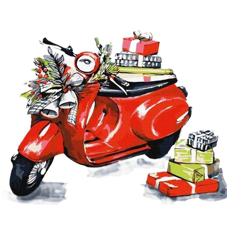 Ideyka, malowanie po numerach, Świąteczny motocykl, 30-30 cm