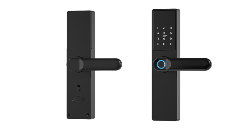 Inteligentny zamek do drzwi Tuya, na odcisk palca, kod, Wi-Fi, RFID, czarny