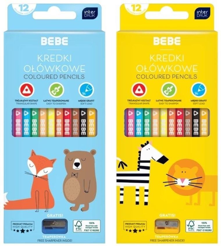 Interdruk, BB Kid, kredki ołówkowe z temperówką, trójkątne, 12 kolorów, 1 szt.