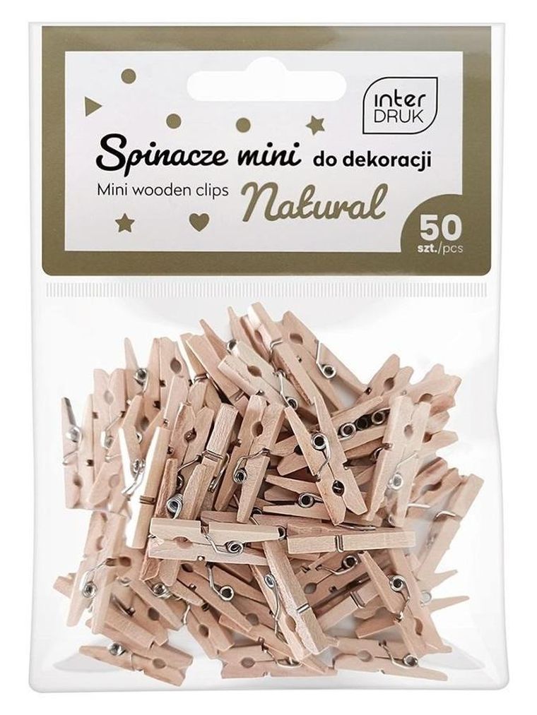 Interdruk, mini spinacze dekoracyjne, naturalne, 50 szt.