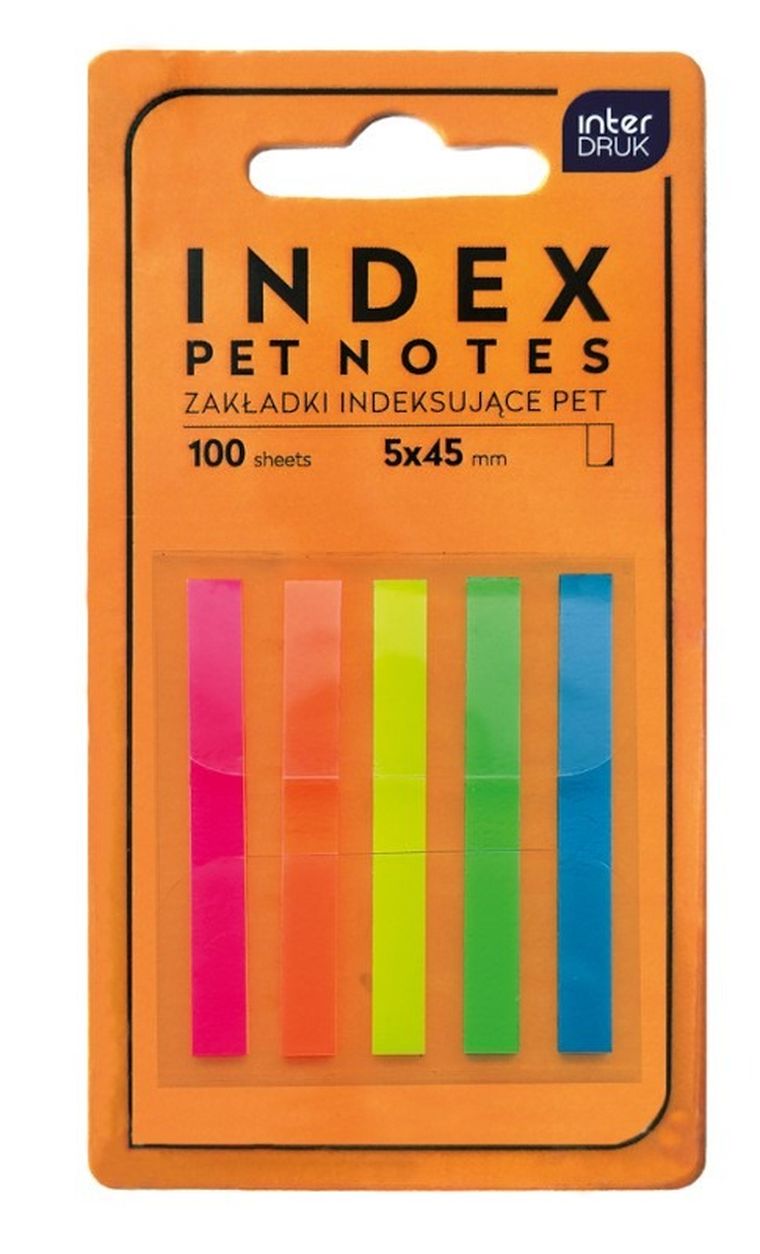 Interdruk, Pet notes, zakładki indeksujące, paski, neon, 45 mm, 100 szt.