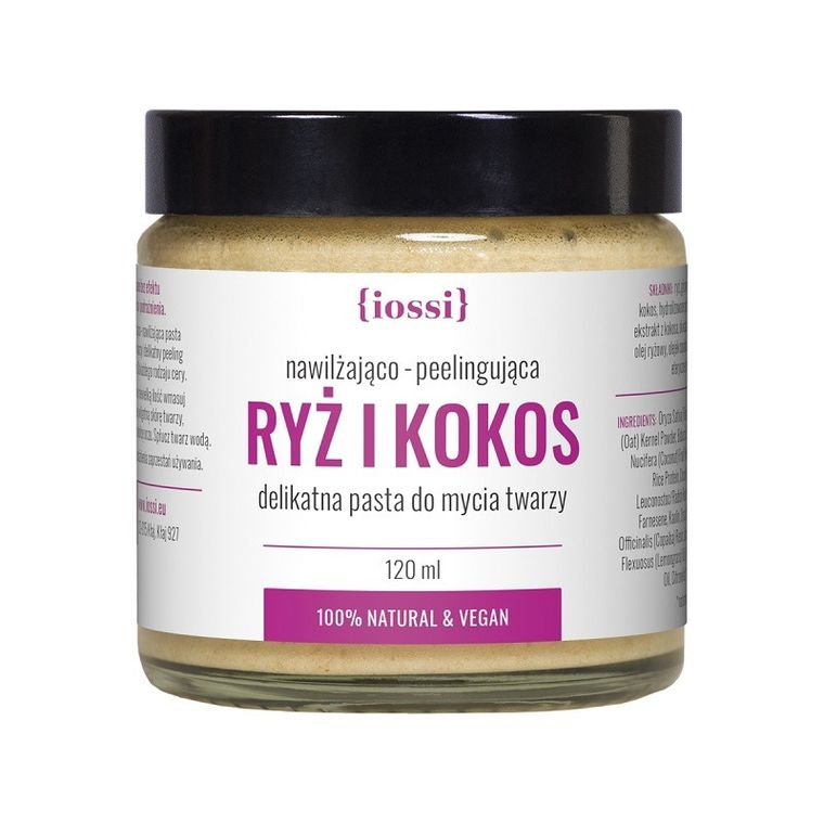 Iossi, Ryż i Kokos, delikatna pasta do mycia twarzy, nawilżająco-peelingująca z proteinami ryżowymi i ekstraktem z kokosa, 120 ml