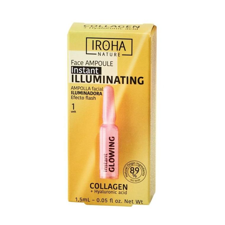 Iroha Nature, Instant Flash Illuminating Face Ampoule, rozświetlająca ampułka do twarzy z kolagenem i kwasem hialuronowym, 1.5 ml