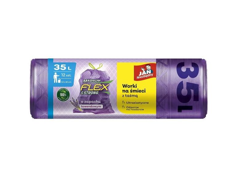 Jan Niezbędny, worki na śmieci z taśmą magnum flex&strong, lawenda, 35l, 1 op 12 szt.
