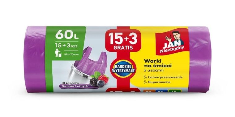 Jan Niezbędny, worki na śmieci z uszami, zapach owoców leśnych, 60l, 15 szt.