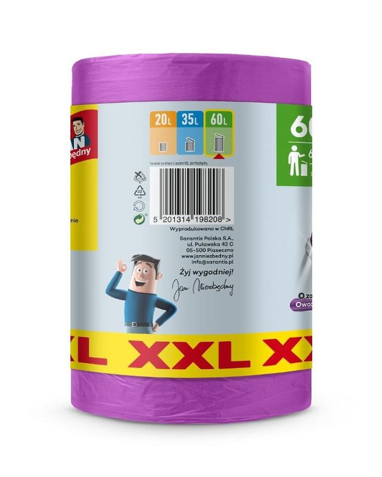 Jan Niezbędny, worki na śmieci z uszami, zapach owoców leśnych, 60l, XXL, 60 szt.