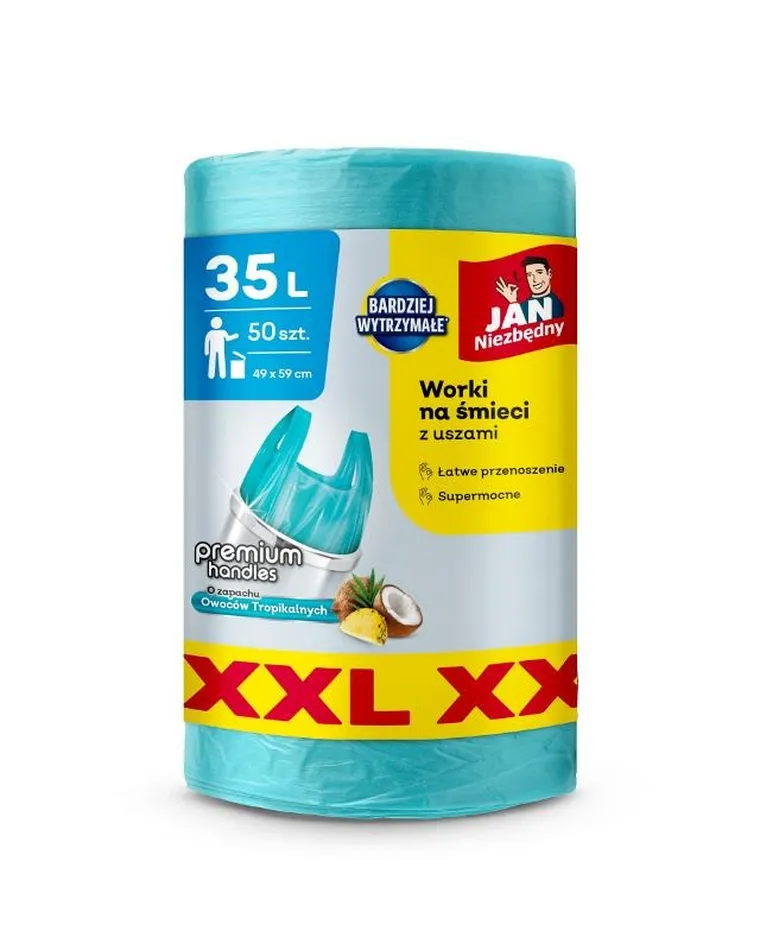 Jan Niezbędny, worki na śmieci z uszami, zapach owoców tropikalnych, 35l, XXL, 50 szt.