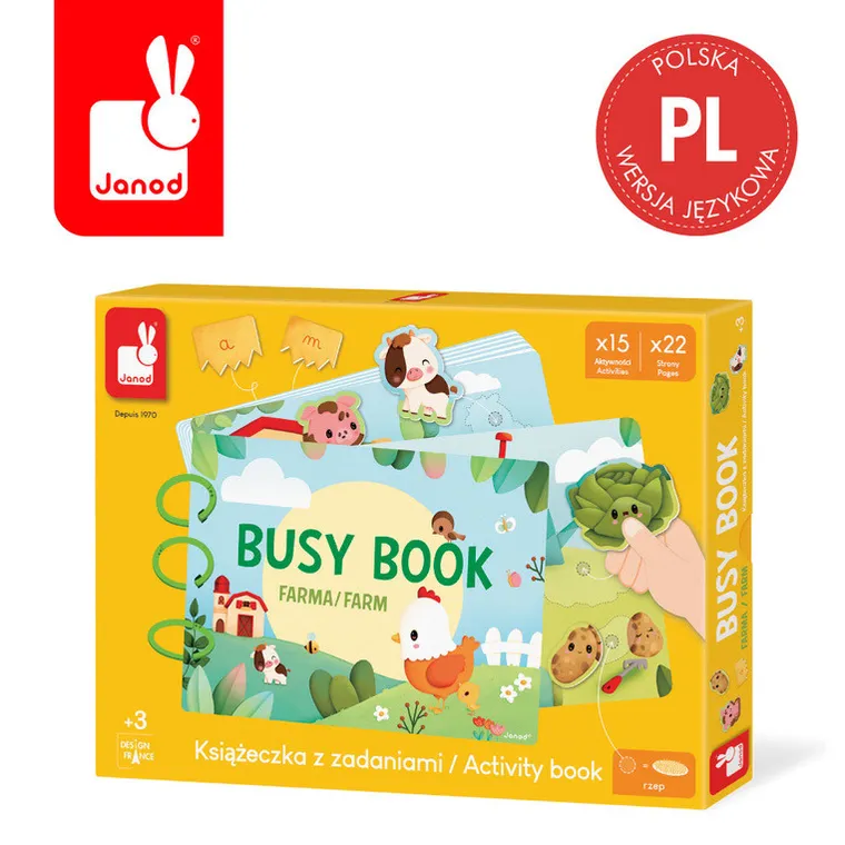Janod, Busy Book, Farma, książeczka sensoryczna z zadaniami