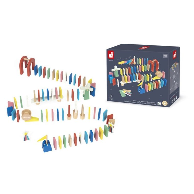 Janod, domino drewniane, tor przeszkód, gra zręcznościowa, 100 elementów