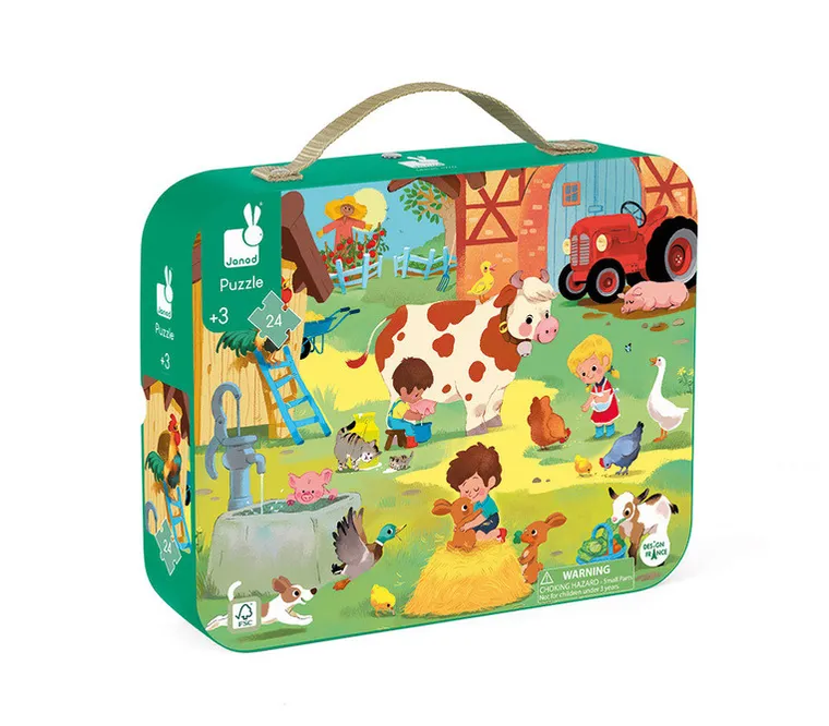 Janod, Dzień na farmie, puzzle w walizce, 24 elementy