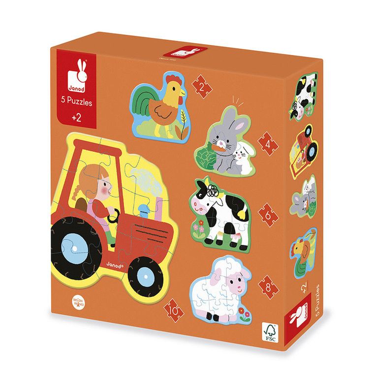 Janod, Farma, drewniane puzzle, 5 układanek
