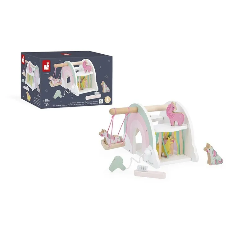 Janod, Jednorożce, drewaniany domek jednorożców z 5 akcesoriami