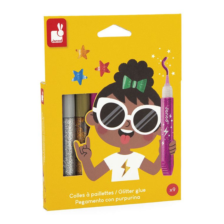 Janod, klej z brokatem, w tubkach, 9 kolorów