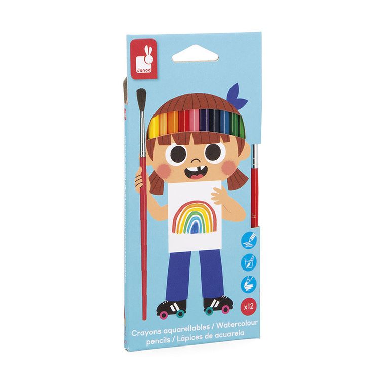 Janod, kredki akwarelowe z pędzelkiem, 12 kolorów