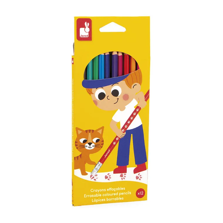 Janod, kredki ołówkowe zmazywalne, z gumką, 12 kolorów