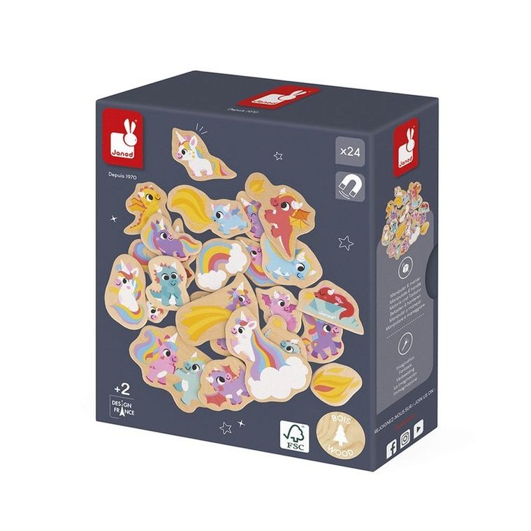 Janod, magnesy drewniane, jednorożce i smoki, 24 szt.