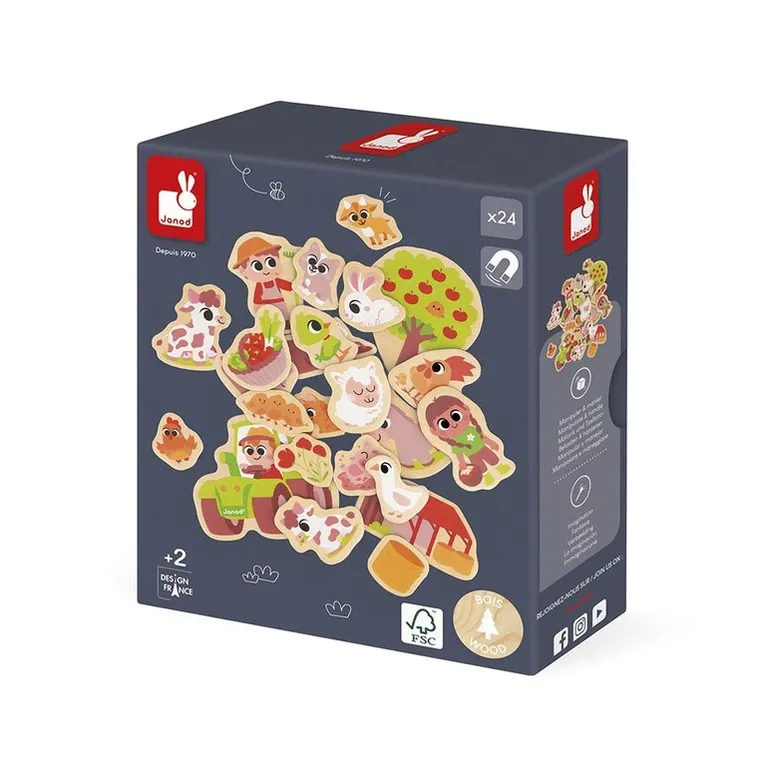 Janod, magnesy drewniane, na farmie, 24 szt.